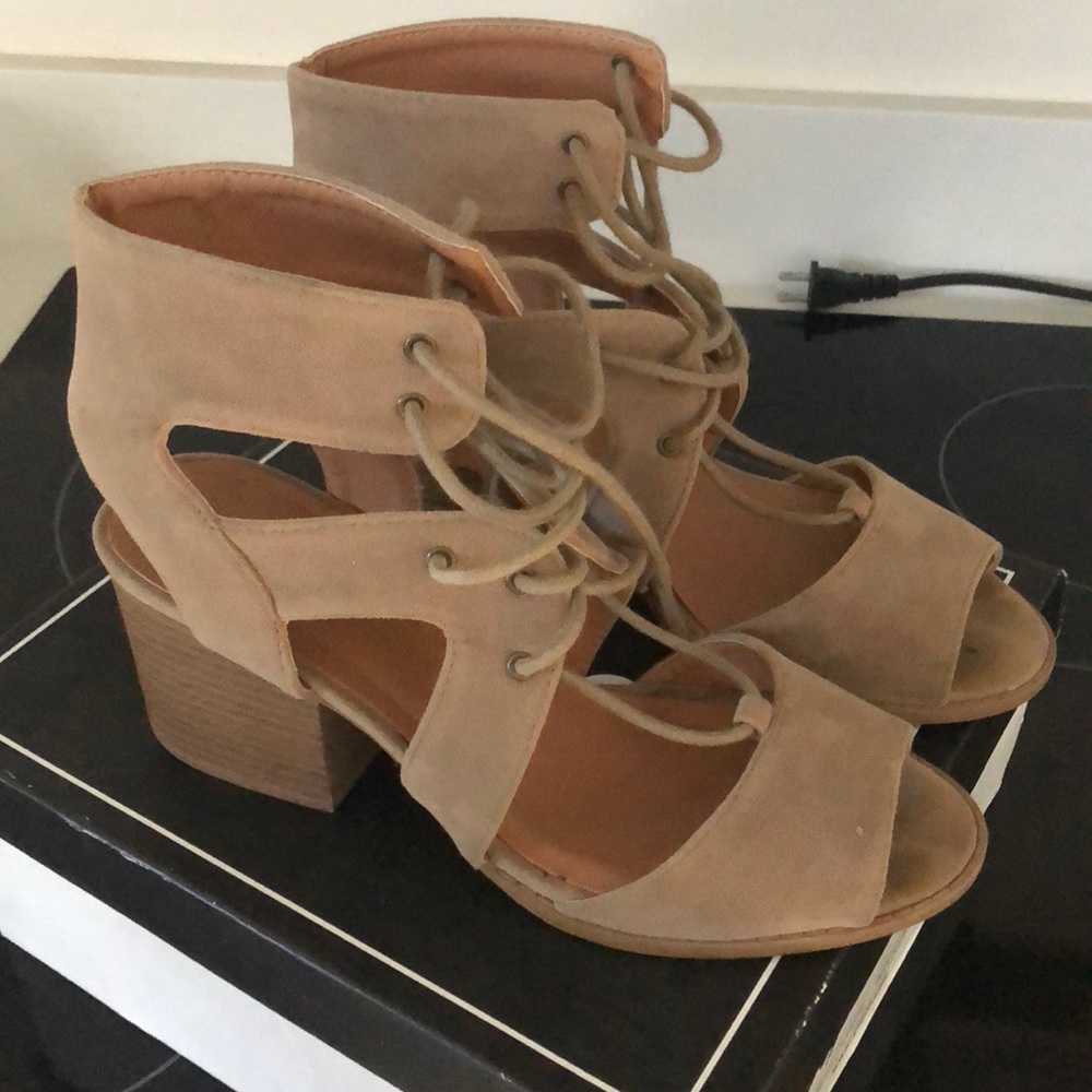 Lace up open toe block heels